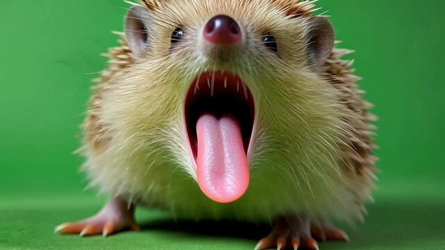 Surprised hedgehog: A close-up shot of a adorable hedgehog with its mouth wide open, revealing a long tongue against a vibrant backdrop. An expressive and curious animal portrait.