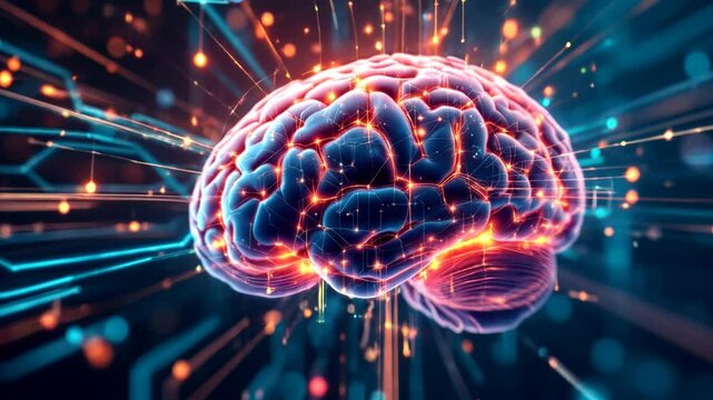 Artificial intelligence brain animation. Digital brain big data deep learning computer machine. Animation big data concept. Big data flow analysis. Artificial intelligence digital brain