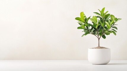 A small green plant in a white ceramic pot sitting on a clean white surface, minimalist indoor decor, and bright and airy setting.