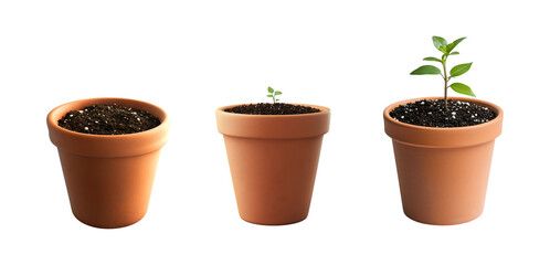 Obraz premium Small seedling in terracotta pot with soil, isolated on transparent background for eco or gardening theme