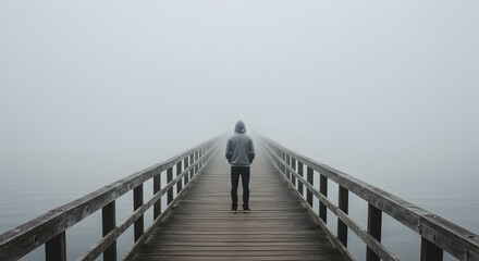 Person in Gray Hoodie Walks into Foggy Pier with Wooden Railings and Overcast Sky
