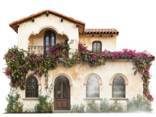 Mediterranean villa with terracotta roof tiles, stucco walls, arched windows, and flowering vine trellis, isolated on white background