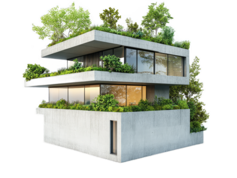 Contemporary cubic concrete house with floor-to-ceiling windows and rooftop garden, isolated on white background