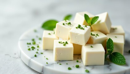 Feta cheese cubes placed on marble surface with herbs, crumbled, savory