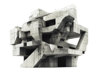 Art deco apartment building with streamlined curves, geometric patterns, and terraced balconies, isolated on white background