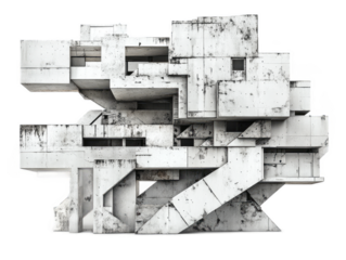 Art deco apartment building with streamlined curves, geometric patterns, and terraced balconies, isolated on white background