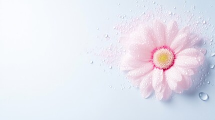 A delicate pink flower, covered in water droplets, rests on a light blue background. The image is high-resolution, featuring soft lighting. Its minimalist style evokes serenity. Pastel colors create