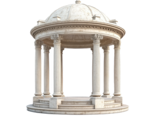 Art deco apartment building with streamlined curves, geometric patterns, and terraced balconies, isolated on white background