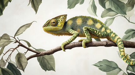 Chameleon on a Branch: A captivating chameleon perched gracefully on a delicate branch, its skin adorned with intricate patterns, surrounded by lush foliage.