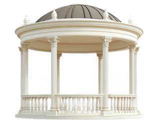 Art deco apartment building with streamlined curves, geometric patterns, and terraced balconies, isolated on white background