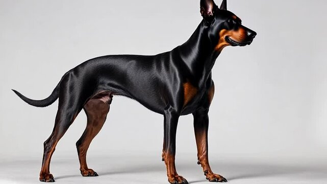 Elegant Doberman Pinscher: A sleek, muscular Doberman Pinscher stands proudly, its glossy black coat and alert posture exuding confidence and nobility.