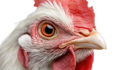 Rooster Close-up: A vibrant close-up of a rooster showcasing its striking red comb, expressive eye, and detailed plumage, set against a simple backdrop.