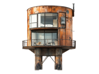 Art deco apartment building with streamlined curves, geometric patterns, and terraced balconies, isolated on white background