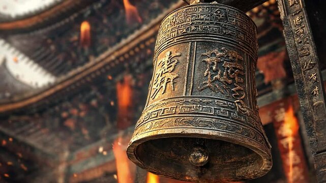 Timeless Resonance: Captivating a weathered, aged bronze bell, etched with intricate designs and ancient characters, hanging within the evocative setting of a historic temple.