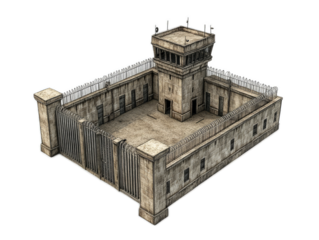 Art deco apartment building with streamlined curves, geometric patterns, and terraced balconies, isolated on white background