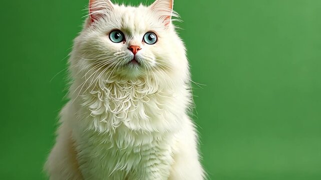 The Regal Gaze of a Persian Cat: Capturing the elegance of a fluffy Persian cat with mesmerizing blue eyes. A serene expression, against a vibrant green background.