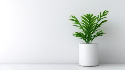 A lush green potted plant sitting on a white shelf against a minimalist white wall, creating a clean and serene indoor environment, and modern decor concept.