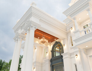 3d rendering of neoclassical villa, exterior design with Landscaped Grounds