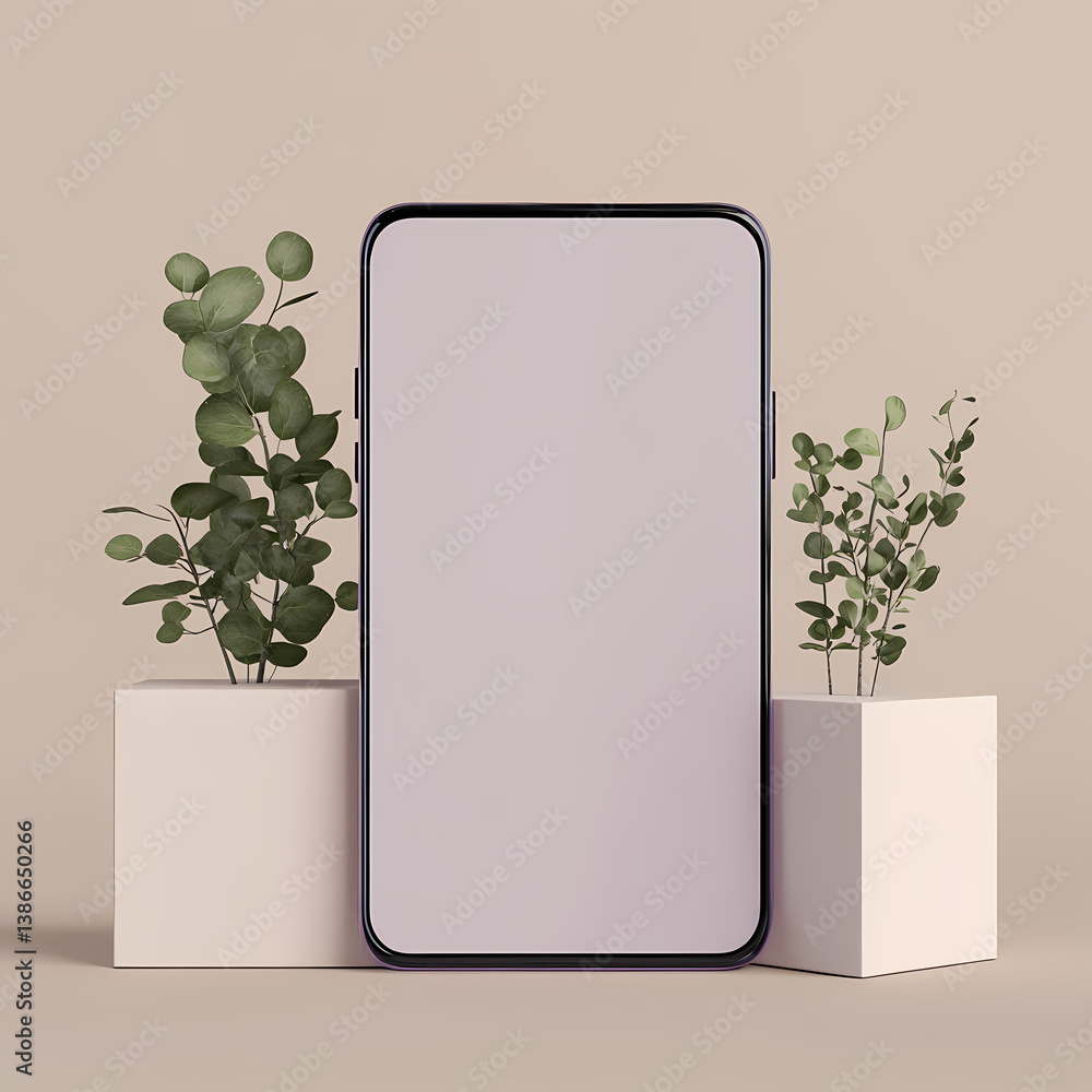 Poster smartphone display with plant: a minimalist composition features a sleek smartphone with a blank dis