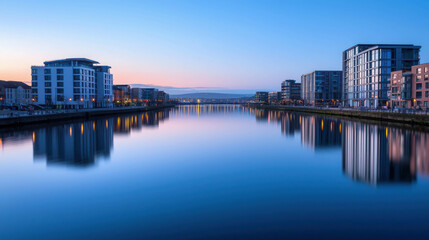 Obraz premium Serene Twilight Reflection in Urban River with Modern Buildings on Both Sides
