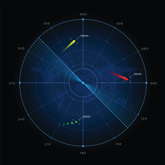 Blue Radar screen. HUD radar display screen. Military object define system. vector illustration.