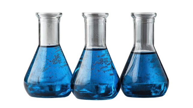 Science Vessels: A set of three beakers, each containing a vibrant blue liquid, ready to represent the world of scientific inquiry.