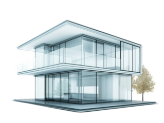 Japanese-inspired minimalist home with sliding paper screens, wooden verandah, and zen rock garden, isolated on white background