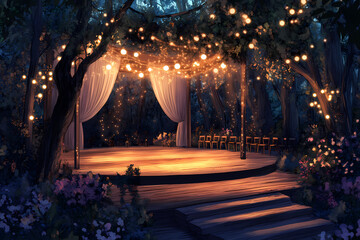 Enchanted Forest Wedding Ceremony: A breathtaking nighttime scene unveils a magical forest wedding ceremony, illuminated by fairy lights, creating a dreamlike atmosphere of romance and celebration.