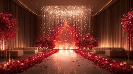 AI-themed wedding stage design featuring red and white crystal chandeliers, floral LED screens displaying couple's profiles, rose petals leading to seating areas under a dark gray gradient background.