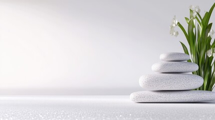 A stack of smooth, white stones sits on a minimalist surface. A small plant with white flowers is beside the stones. The image is digitally rendered, high-resolution, and features soft, diffused ligh
