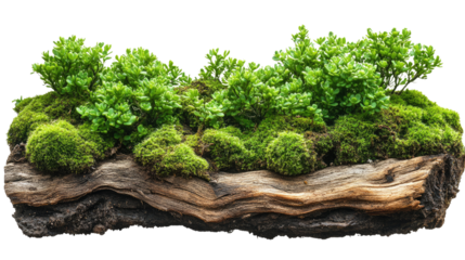 Miniature ecosystem: A vibrant miniature ecosystem showcases a harmonious balance of lush green moss and flourishing plants, rooted in the organic embrace of a weathered log.