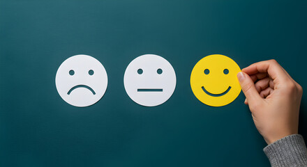 Hand Selecting Yellow Smiley Face Among Emotion Icons on Teal Background