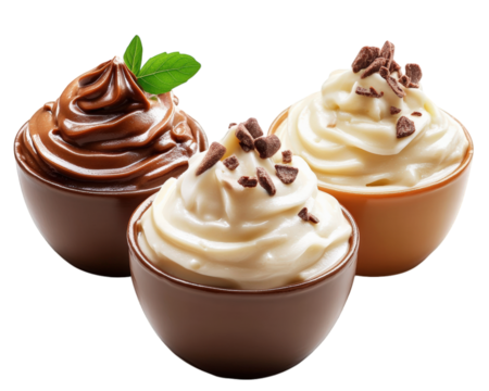 Creamy dessert cups featuring chocolate and vanilla flavors, topped with chocolate shavings and mint leaves, perfect for indulgence and celebration
