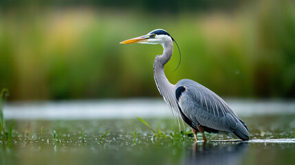 Fototapeta premium Elegant Great Blue Heron Standing in Shallow Water with Lush Background and Soft Focus