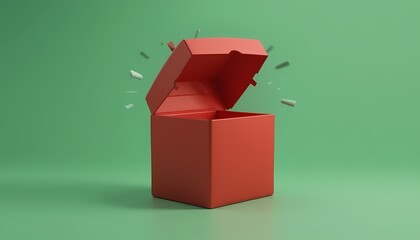 3d illustration of open gift box for door prize. Red gift box on green background.