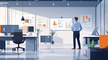 Obraz premium A man reviewing charts and graphs in a modern office space