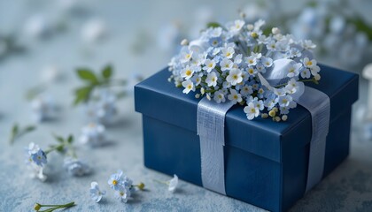 Blue gift box with blooming flowers. Gift box for wedding favors.