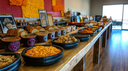 Fototapeta premium Abundant Selection of Colorful Snacks and Treats Displayed on Rustic Wooden Table