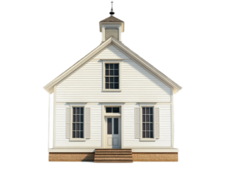 Classic one-room schoolhouse with bell tower, clapboard siding, and symmetrical windows, isolated on white background