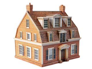 Dutch colonial house with gambrel roof, dormers, and shuttered windows, isolated on white background