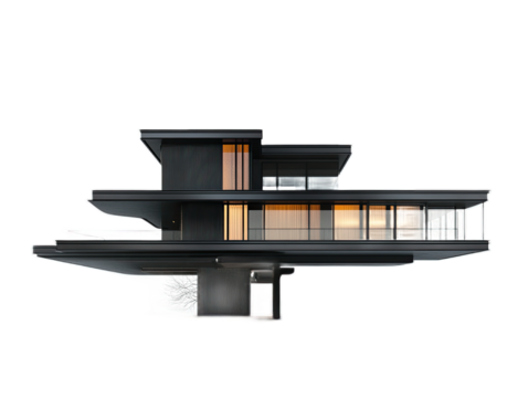 Ultramodern cantilevered house perched on stilts with dramatic overhanging sections, isolated on white background
