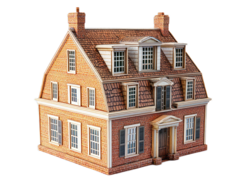 Dutch colonial house with gambrel roof, dormers, and shuttered windows, isolated on white background