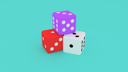 red, purple, and white dice on a blue background