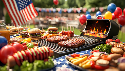 American Barbecue Feast: A vibrant Fourth of July barbecue scene, showcasing a sizzling grill laden with mouthwatering food, festive decorations, and the patriotic spirit of celebration.