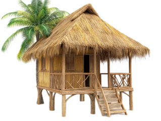 Tropical beach bungalow with thatched palm roof, bamboo walls, and open-air design, isolated on white background