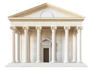 Neoclassical government building with grand columns, symmetrical facade, and domed roof, isolated on white background