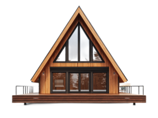 Lakeside A-frame cabin with large triangular windows, wooden deck, and steep roof, isolated on white background