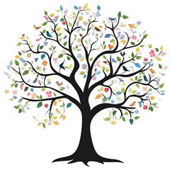 Colorful tree with birds and flowers