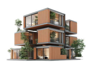 Urban micro-apartment building with efficient modular units and shared community spaces, isolated on white background