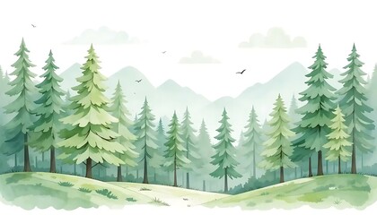Fototapeta premium Watercolor Forest Illustration with Evergreen Trees and Distant Mountains